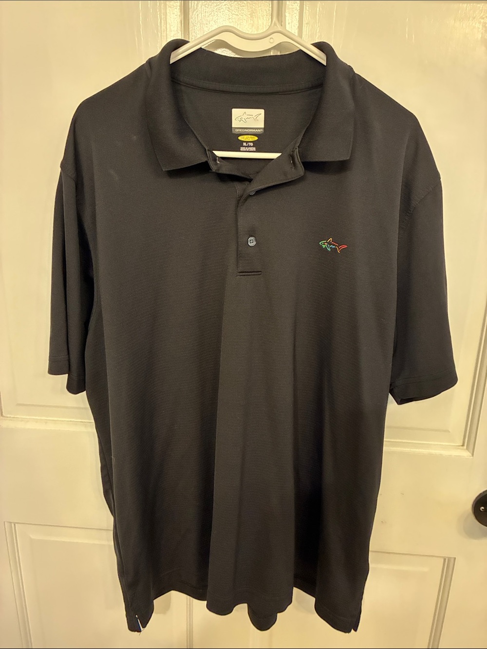 Greg Norman Collection Black Polo with Multicolor Shark Logo